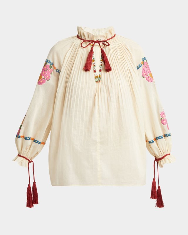 Floral Embroidered Pintuck Blouse